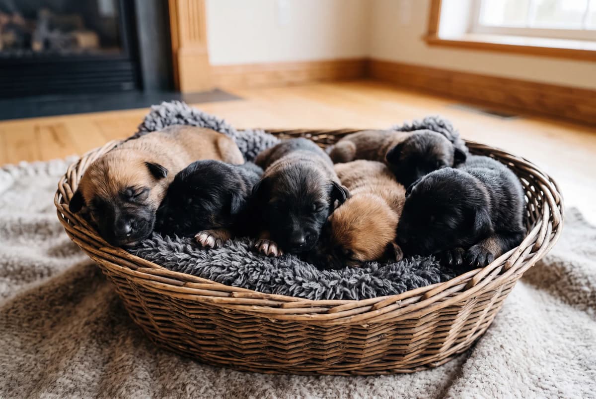 Eight newborn Belgian Malinois puppies asleep together in a wicker basket